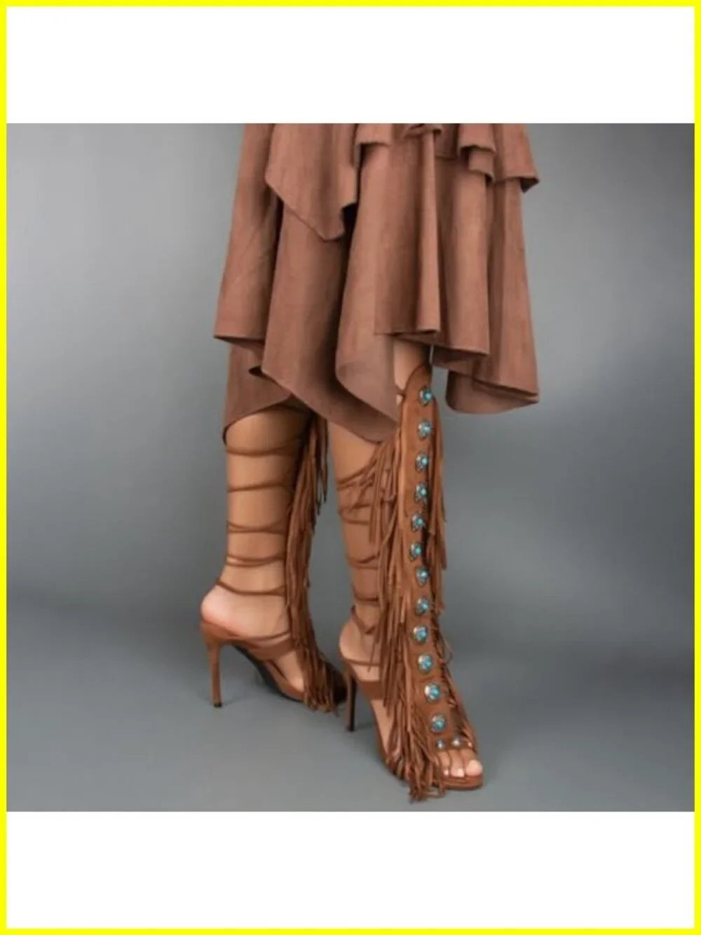 Gladiator Sandals Women Knee High Fringe Heels Strappy Lace Up Open Toe Summer